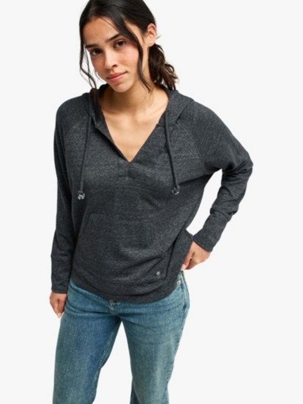 Roxy Destination Surf Lightweight Charcoal V-Neck Hoodie Womens Medium